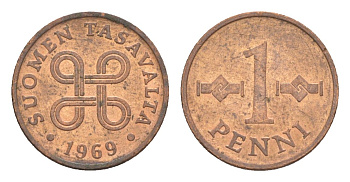 Финляндия 1 пенни 1969 KM 44 медь 4647-235