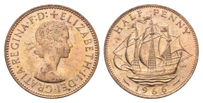 Великобритания 1/2 пенни 1966 Елизавета II (1952-2022) KM 896, Spink 4158 бронза aUNC 4662-1246