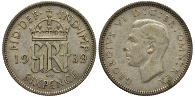 Великобритания 6 пенсов 1939 Георг VI (1936-1952) KM 852, Spink 4084 серебро 4538-426