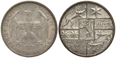 Германия 3 марки 1927 A, 400 лет Университету Марбурга J. 330, KM 53 серебро aUNC 00-806-22