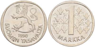ФИНЛЯНДИЯ 1 МАРКА 1990 M KM 49а медно-никель UNC 4556-834