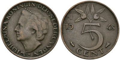 НИДЕРЛАНДЫ 5 ЦЕНТОВ 1948 ВИЛЬГЕЛЬМИНА KM 176 бронза 95-226