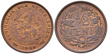 НИДЕРЛАНДЫ 1/2 ЦЕНТА 1938 ВИЛЬГЕЛЬМИНА (1890-1948) KM 138 бронза 39-235