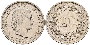 Швейцария 20 раппенов 1971 KM 29а медно-никель 92-1256