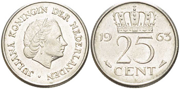 НИДЕРЛАНДЫ 25 ЦЕНТОВ 1963 ЮЛИАНА (1948-1980) KM 183 никель 214-937