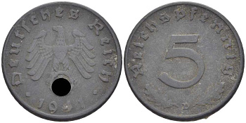ГЕРМАНИЯ 5 РЕЙХСПФЕННИГОВ 1941 D KM 100, J. 370 цинк 105-251