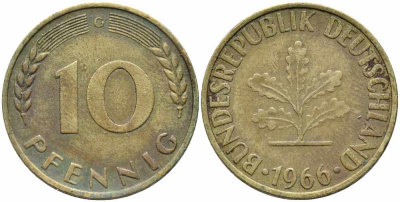 ФРГ 10 ПФЕННИГОВ 1966 G KM 108, J. 383 сталь плакированная латунью 113-131