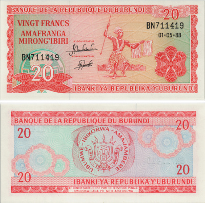 БУРУНДИ 20 ФРАНКОВ 1988 Pick 27b бумага UNC (ПРЕСС) 8605-32-1-1
