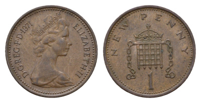 Великобритания 1 пенни 1971 Елизавета II (1952-2022) KM 915, Spink 4237 (B1) бронза 4613-1234