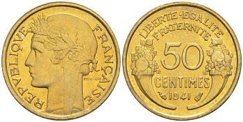 ФРАНЦИЯ 50 САНТИМОВ 1941 ТИП MORLON KM 894.1, LE FRANC 192.18 алюминиевая бронза 44-531