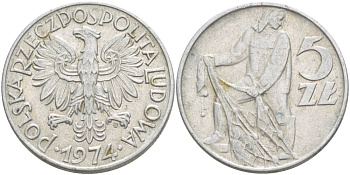 Польша 5 злотых 1974 MW, рыбак KM 47, Parchimowicz 220f алюминий 4542-1014
