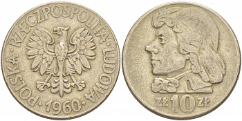 ПОЛЬША 10 ЗЛОТЫХ 1960 КОСТЮШКО KM 50 медно-никель 4403-535