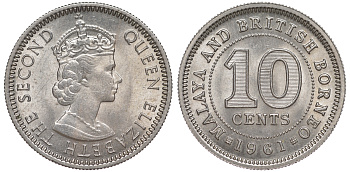 Малайя и Британское Борнео 10 центов 1961 Елизавета II (1952-2022) KM 2 медно-никель UNC 3334-1147