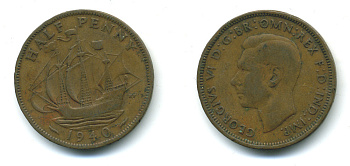 Великобритания 1/2 пенни 1940 Георг VI (1936-1952) KM 844, Spink 4115 бронза 4383-244