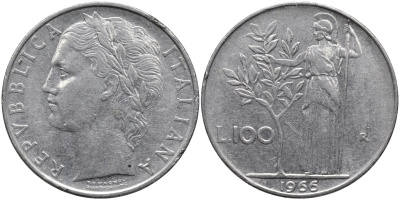 Италия 100 лир 1966 R, Афина в доспехах KM 96.1 нержавеющая сталь 4165-212