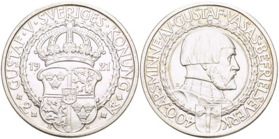 Швеция 2 кроны 1921 W, Густав V (1907-1950), 400 лет политических свобод KM 799 серебро 413-1045