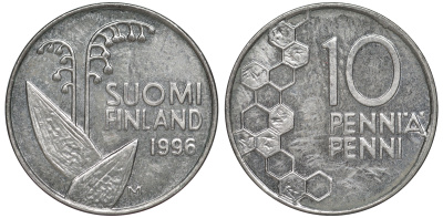ФИНЛЯНДИЯ 10 ПЕННИ 1996 M, ЛАНДЫШ KM 65 медно-никель 3334-1154