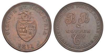 Великобритания, Бристоль, Сомерсет 1 пенни 1811 токен, рубчатый гурт, Британская медная компания Withers 430 медь 3711-522