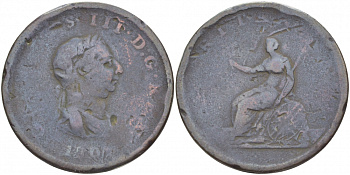 Великобритания 1/2 пенни 1807 Георг III (1760-1820) KM 662, Spink 3781 медь 4545-221