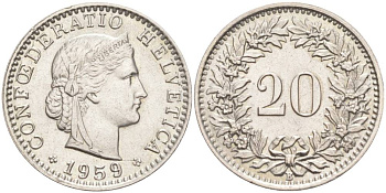 ШВЕЙЦАРИЯ 20 РАППЕНОВ 1959 В KM 29a медно-никель 55-752