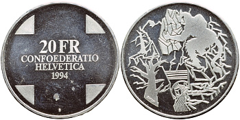 Швейцария 20 франков 1994 В, чертов мост, Teufelsbrucke KM 74 серебро PROOF 1524-715