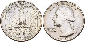 США 25 ЦЕНТОВ = КВОТЕР 1981 D, ВАШИНГТОН KM А164а медь плакированная медно-никелем 4546-525