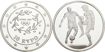 Греция 10 евро 2004 XXVIII летние Олимпийские игры 2004 года в Афинах, футбол KM 206 серебро PROOF 02-263-23
