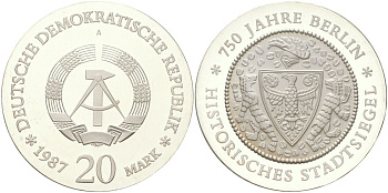 ГДР 20 марок 1987 A, 750 лет Берлину, герб города, тираж 4.400 экземпляров KM 119 серебро PROOF 00-903-10