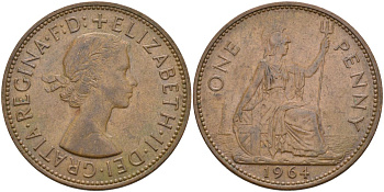 Великобритания 1 пенни 1964 Елизавета II (1952-2022) KM 897, Spink 4157 бронза 4117-616