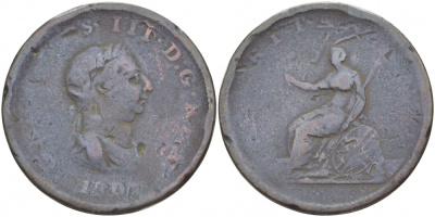 Великобритания 1/2 пенни 1807 Георг III (1760-1820) KM 662, Spink 3781 медь 4545-221