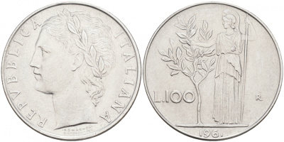 ИТАЛИЯ 100 ЛИР 1961 R АФИНА KM 96.1 сталь 3855-741