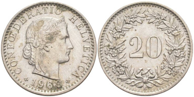 Швейцария 20 раппенов 1968 В KM 29a медно-никель 55-855