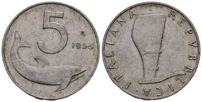 Италия 5 лир 1954 плуг, дельфин KM 92 алюминий 4176-222