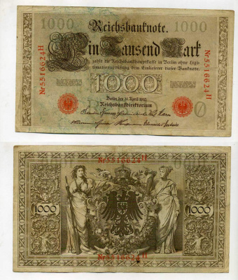 Германия 1000 марок 1910 красная печать, 7 значный номер Pick 44 b  бумага   8610-41-1-2