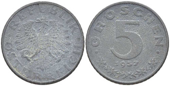 АВСТРИЯ 5 ГРОШЕЙ 1957 KM 2875 цинк 75-541