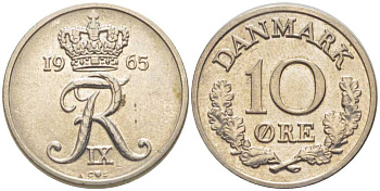 Дания 10 эре 1965 C;S, Фредерик IX (1947-1972) КМ 849.1 медно-никель 201-1224