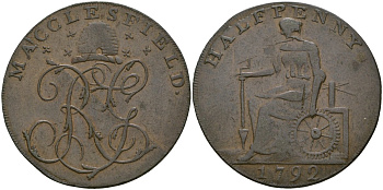 Великобритания, Чешир - Маклсфилд 1/2 пенни 1789 токены Кондера Dalton & Hamer 9-15, Atkins 7-11 медь 1529-445