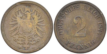 ГЕРМАНИЯ 2 ПФЕННИГА 1874 A, СТАРОГЕРБОВКА KM 2, J. 2, Weege 3 медь 212-445