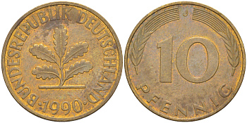 ФРГ 10 пфеннигов 1990 J KM 108, J. 383 сталь плакированная латунью 3459-127