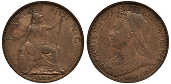 Великобритания 1 фартинг 1895 Виктория (1837-1901) KM 788.1, Spink 3963 бронза aUNC 1523-1233