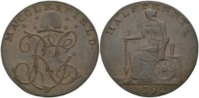 Великобритания, Чешир - Маклсфилд 1/2 пенни 1789 токены Кондера Dalton & Hamer 9-15, Atkins 7-11 медь 1529-445