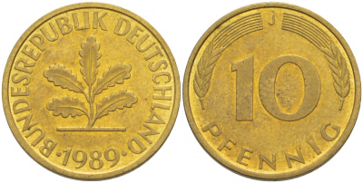 ФРГ 10 ПФЕННИГОВ 1989 J KM 108, J.383 сталь плакированная латунью 3718-841