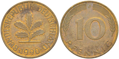 ФРГ 10 пфеннигов 1990 J KM 108, J. 383 сталь плакированная латунью 3459-127
