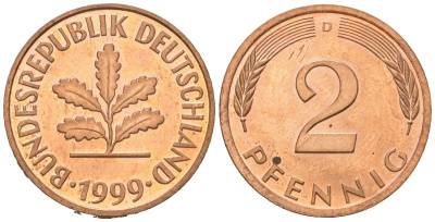 Германия 2 пфеннига 1999 D KM 106a сталь плакированная медью PROOF 4617-951