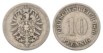 Германия 10 пфеннигов 1876 A, Вильгельм I (1871-1888) KM 4, J. 4 медно-никель 4636-538