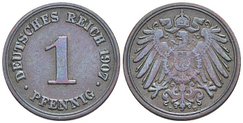 ГЕРМАНИЯ 1 ПФЕННИГ 1907 D KM 10, Jager. 10, Weege 2 медь 4528-1243