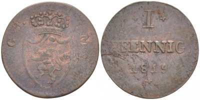 Гессен-Дармштадт 1 пфенниг 1819 GH - SM KM 280 медь 73-639