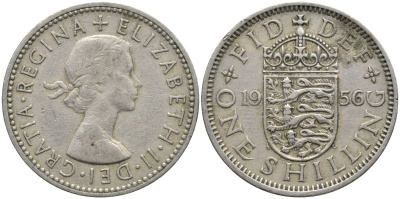 Великобритания 1 шиллинг 1956 Елизавета II (1952-2022), Английский герб KM 904, Spink 4147 медно-никель 4171-621