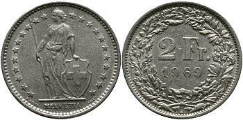 ШВЕЙЦАРИЯ 2 ФРАНКА 1969 В KM 21а.1 медно-никель 33-722