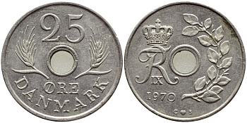 ДАНИЯ 25 ЭРЕ 1970 С; S, ФРЕДЕРИК IX (1947-1972) KM 855.1 медно-никель 4398-957